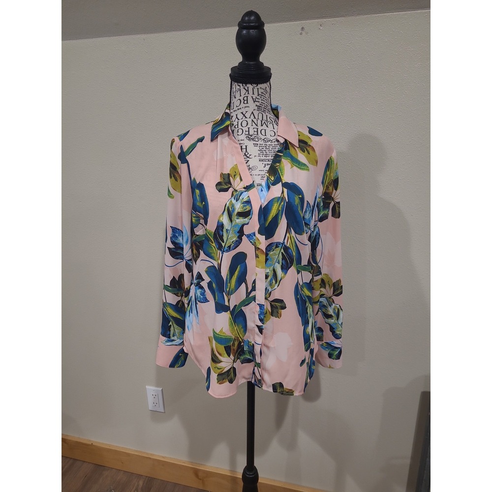Worthington pink floral button-front blouse women SZ PM office career V neck